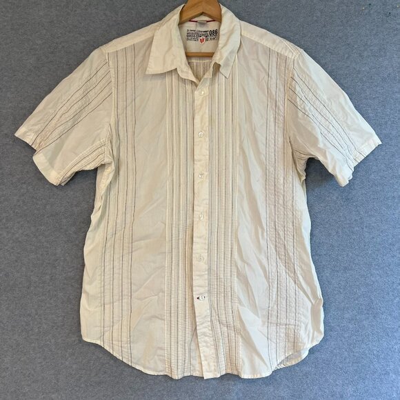 Guess Other - Guess Men M Pleated Button Down Short Sleeve Creamy Stripe